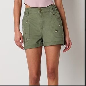 Arizona Jean Co Olive High Waist Shorts Embroidered Flowers
